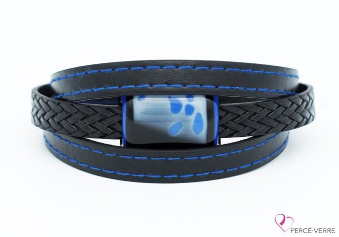 Black and blue leather bracelet for men #189-1