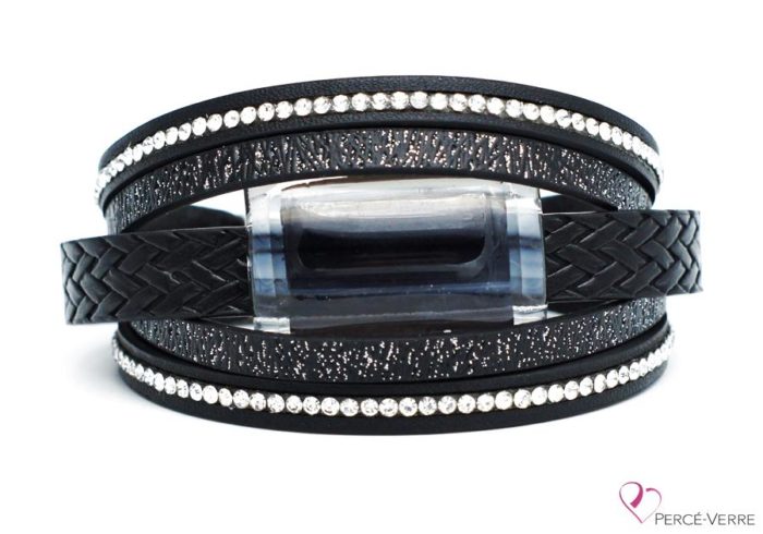 Bracelet en cuir noir et zircons pour femme, collection Super Fashion #250