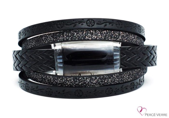 Black leather flower motif bracelet for women, super fashion collection #252
