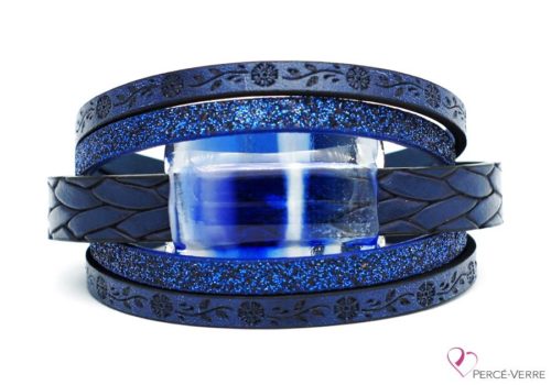 Bracelet à motif fleur en cuir bleu pour femme avec bijou de verre #262