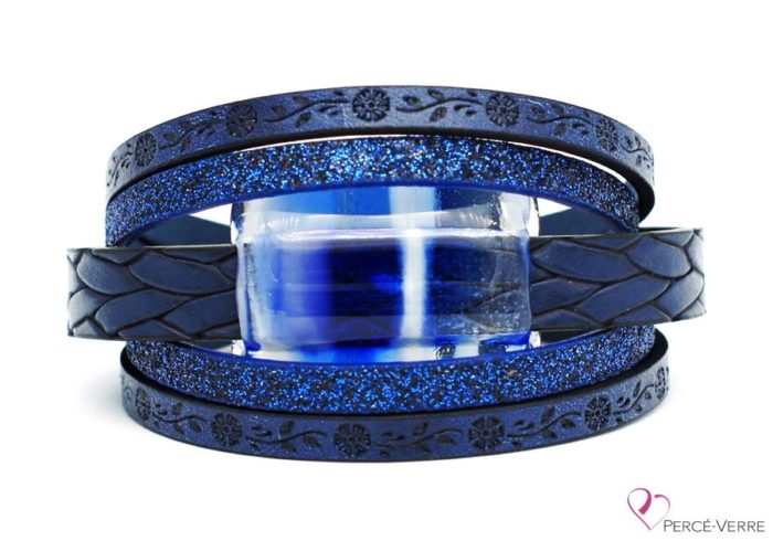 Women's blue leather flower bracelet with glass jewel #262