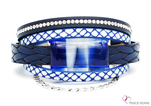 Bracelet en cuir bleu et blanc pour femme avec bijou de verre, collection Super fashion #260