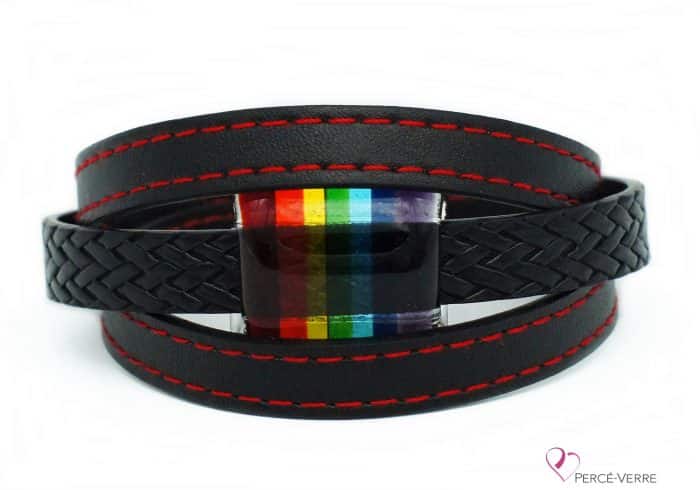 Black and red bracelet with rainbow jewel #206