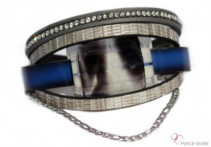 Blue leather bracelet for women #158