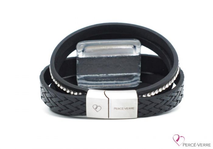 Bracelet en cuir noir et zircons pour femme avec bijou de verre #250 – Image 2