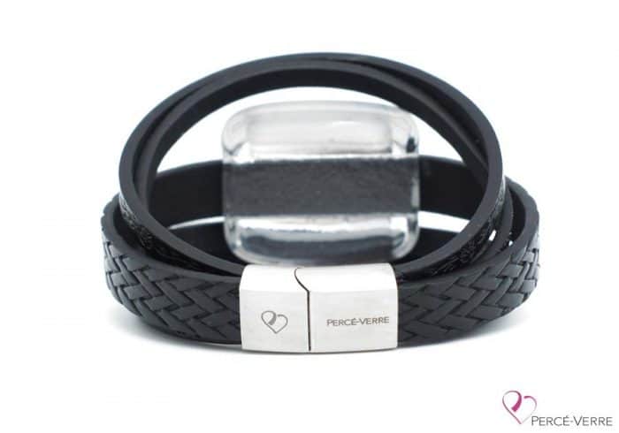 Women's black leather flower bracelet with glass jewel #252 - Image 2