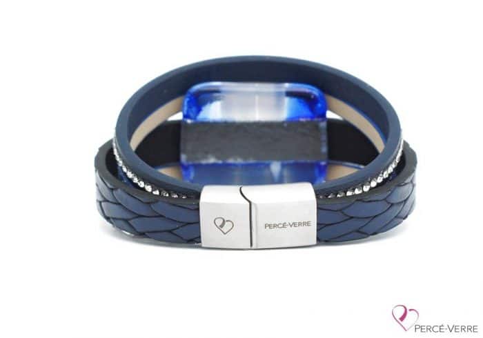 Women's blue and white leather bracelet with glass jewel #260 - Image 2
