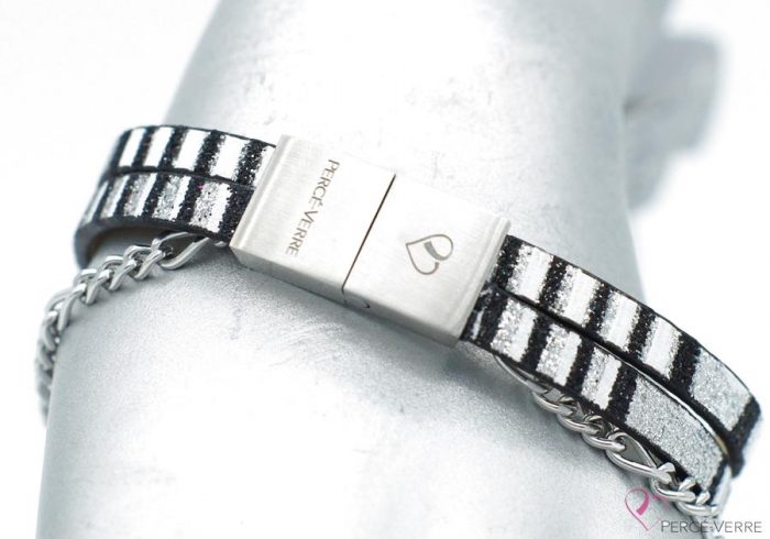 Bracelet noir et argent avec breloque de verre, #1511 – Image 2