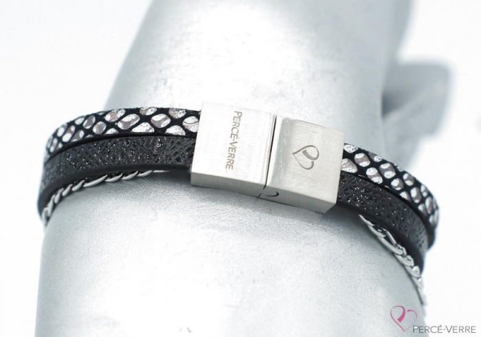 Black and white leather bracelet with glass charm, #1517 - Image 2