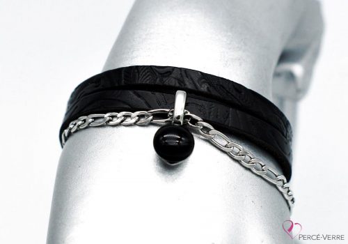 bracelet en cuir brut noir avec breloque de verre, collection chic #1557