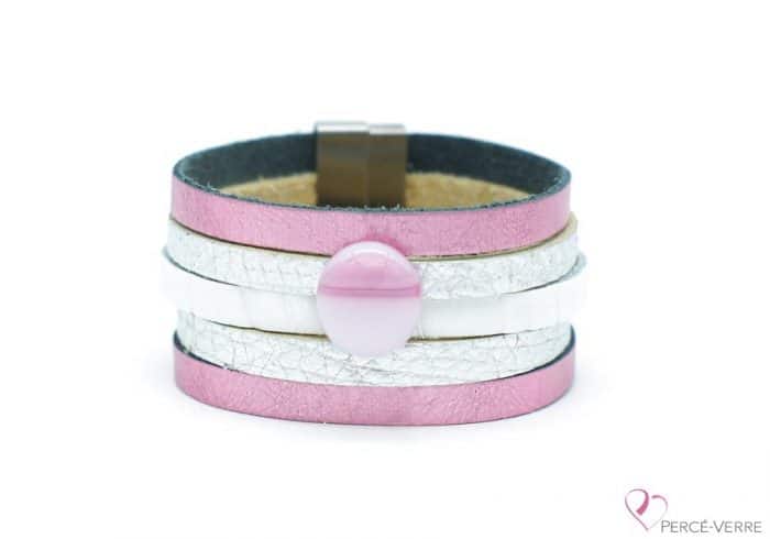 Pink and silver leather bracelet for women, "Glamour" #2110