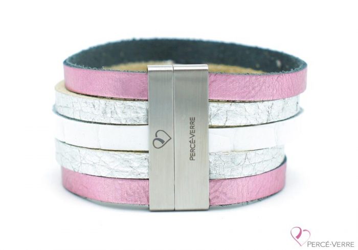 Pink and silver leather bracelet for women, "Glamour" #2110 - Image 2