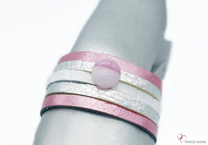 Pink and silver leather bracelet for women, "Glamour" #2110