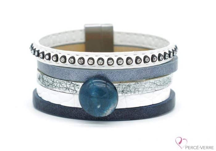 Blue jeans and white leather bracelet for women, "Glamour" #2112