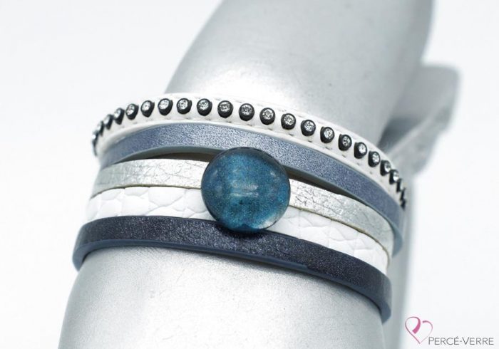 Blue jeans and white leather bracelet for women, "Glamour" #2112