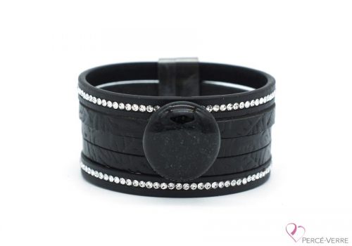 Bracelet en cuir noir avec zircons pour femme Glamour #2115