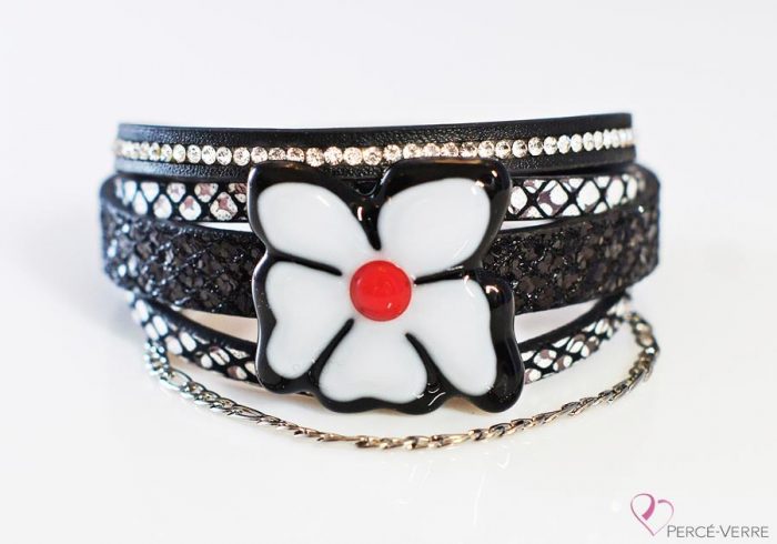 Bracelet pour femme en cuir et verre, Collection "Fleur" #162FR