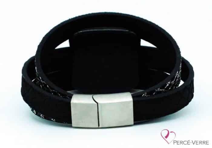 Silver and black leather bracelet for women #001 - Image 2