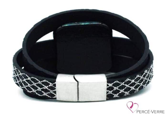 Black and silver leather bracelet for women #002