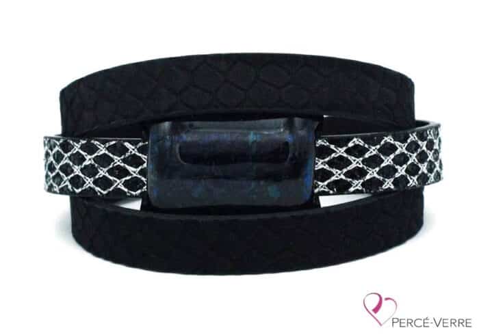 Black and silver leather bracelet for women #002