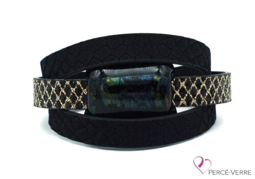 Bracelet en cuir noir et or pour femme #004
