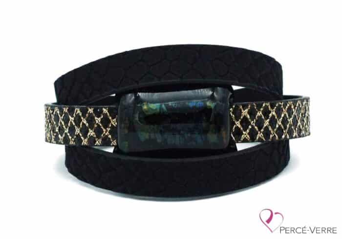 Black and gold leather bracelet for women #004