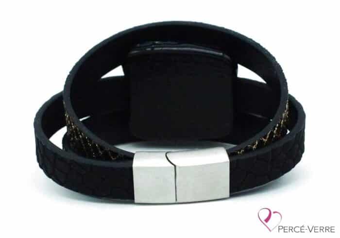 Gold and black leather bracelet for women #003
