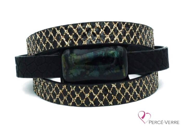Gold and black leather bracelet for women #003