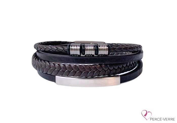 Bracelet pour homme en cuir brun et stainless steel argent