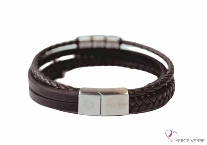 Bracelet pour homme en cuir brun et stainless steel argent