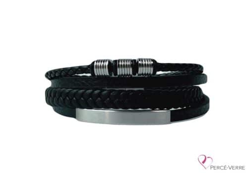 Bracelet pour homme en cuir noir et stainless steel argent
