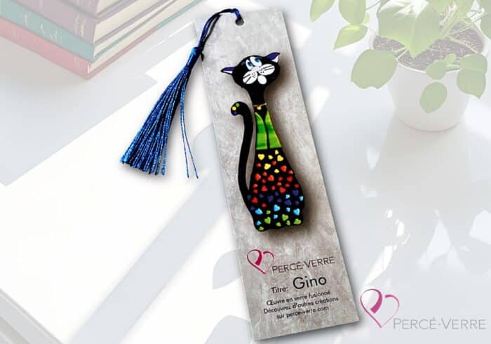 Bookmark - Gino fused glass cat with pompom | Percé-Verre