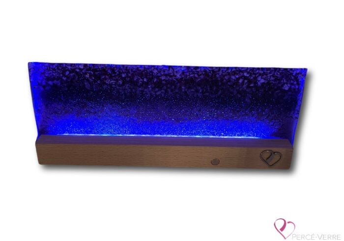 Champs de Lavande lamp in fused glass, original Percé-Verre work, providing colorful light, relaxing ambiance and artisanal design with hardwood base.