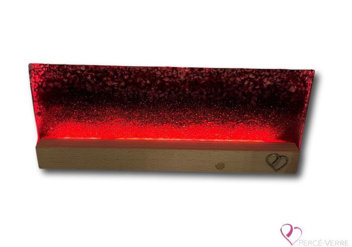 Champs de Lavande lamp in fused glass, original Percé-Verre work, providing colorful light, relaxing ambiance and artisanal design with hardwood base.