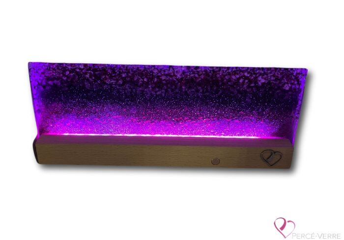Champs de Lavande lamp in fused glass, original Percé-Verre work, providing colorful light, relaxing ambiance and artisanal design with hardwood base.