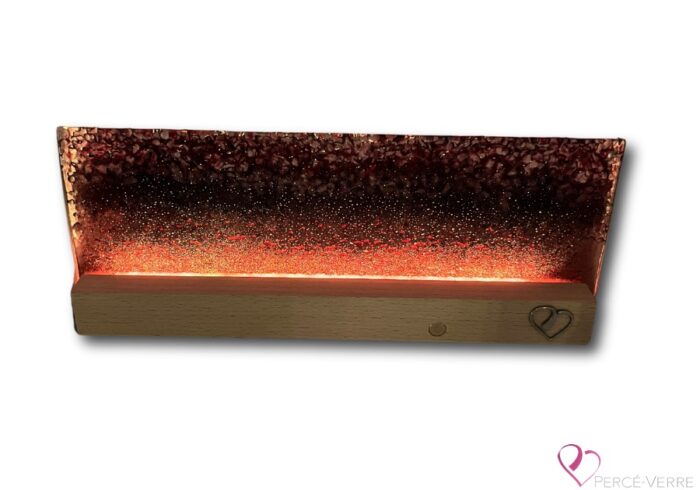 Champs de Lavande lamp in fused glass, original Percé-Verre work, providing colorful light, relaxing ambiance and artisanal design with hardwood base.