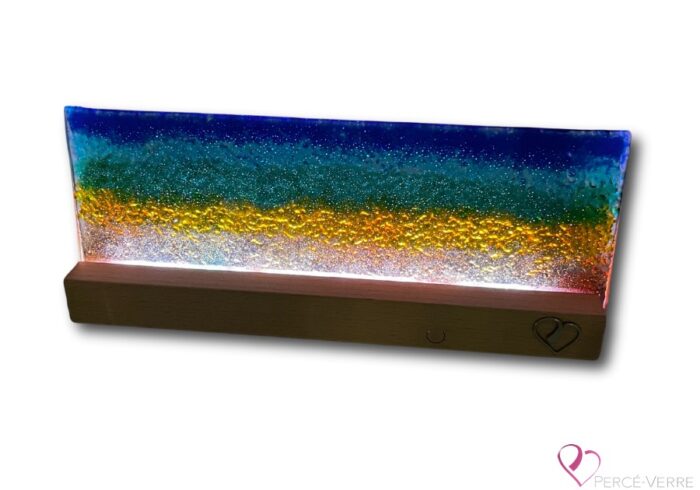Unique designer lamp in fused glass - beach, sea and luminous horizon, Percé-Verre
