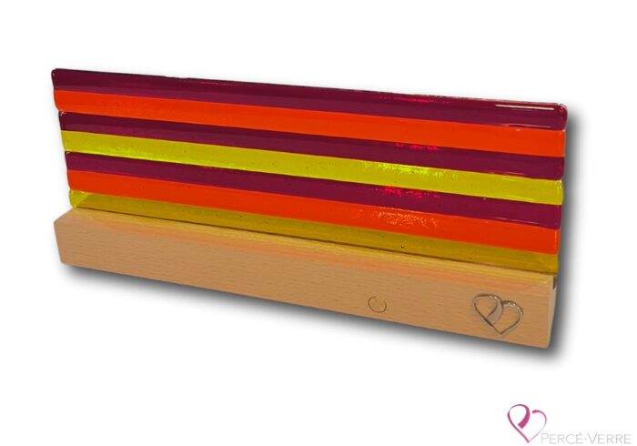 Soleil de Feu lamp in fused glass, an original work by Percé-Verre, providing colorful light, warm ambiance and elegant handcrafted design.