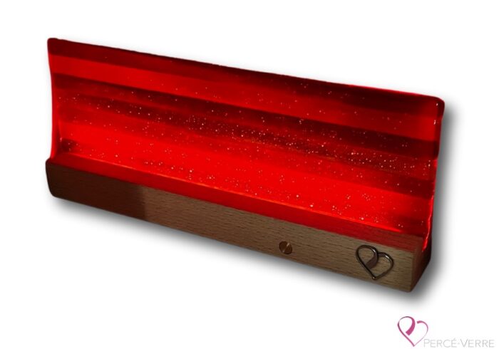 Soleil de Feu lamp in fused glass, an original work by Percé-Verre, providing colorful light, warm ambiance and elegant handcrafted design.
