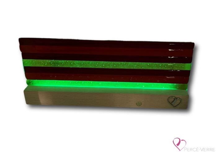 Soleil de Feu lamp in fused glass, an original work by Percé-Verre, providing colorful light, warm ambiance and elegant handcrafted design.