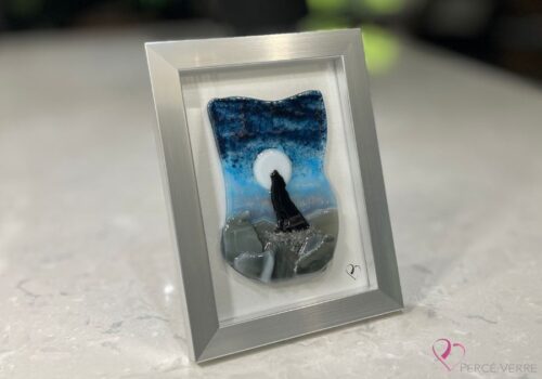 Fused glass work depicting a wolf howling under the moon, framed 5 x 7. Wild Nature Collection, Wolf No. 1, signed Percé-Verre.