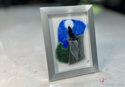 Fused glass work depicting a wolf howling under the moon, framed 5 x 7. Wild Nature Collection, Wolf No. 2, signed Percé-Verre.