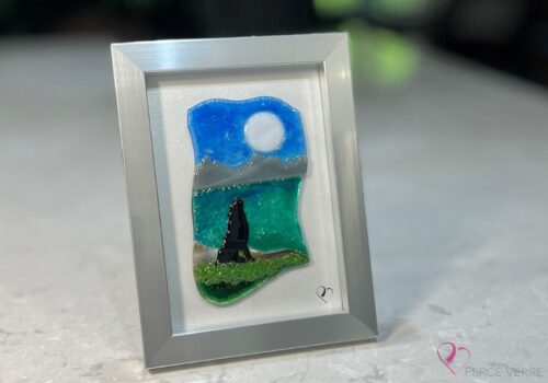 Fused glass work depicting a wolf howling under the moon, framed 5 x 7. Wild Nature Collection, Wolf No. 3, signed Percé-Verre.
