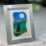 Fused glass work depicting a wolf howling under the moon, framed 5 x 7. Wild Nature Collection, Wolf No. 3, signed Percé-Verre.