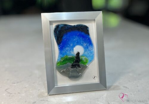 Fused glass work depicting a wolf howling under the moon, framed 5 x 7. Wild Nature Collection, Wolf No. 4, signed Percé-Verre.