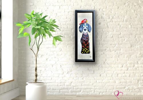 Coco the parrot and Rufus the dog in fused glass, a colorful duo, an original Percé-Verre creation by Stéphanie Béland.
