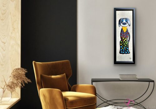 Serge - Original work from the Chiens Collection, humorous dog in Art Deco-style fused glass, hand-crafted by Percé-Verre.