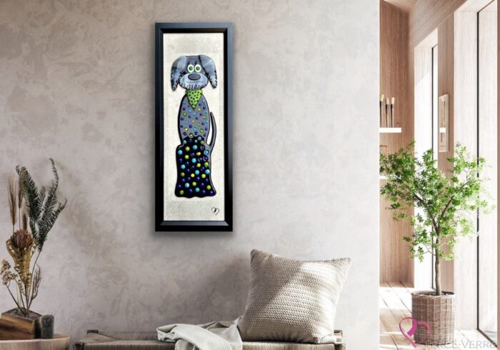 Simon - Humorous dog from the Dog Collection, original work in fused glass with green scarf, green and blue beads, created by Percé-Verre.