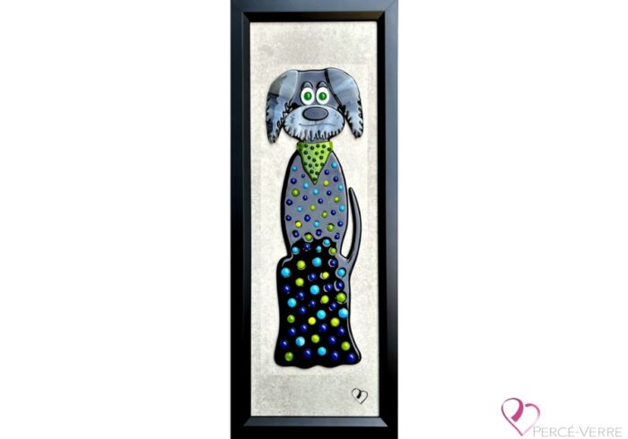 Simon - Humorous dog from the Dog Collection, original work in fused glass with green scarf, green and blue beads, created by Percé-Verre.