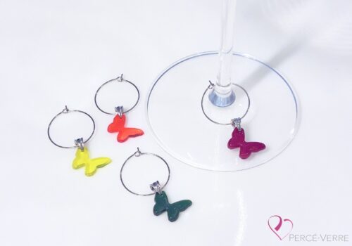 Marque-verres Papillons – couleurs chaudes – en verre fusionné fait à la main au Québec – Percé-Verre